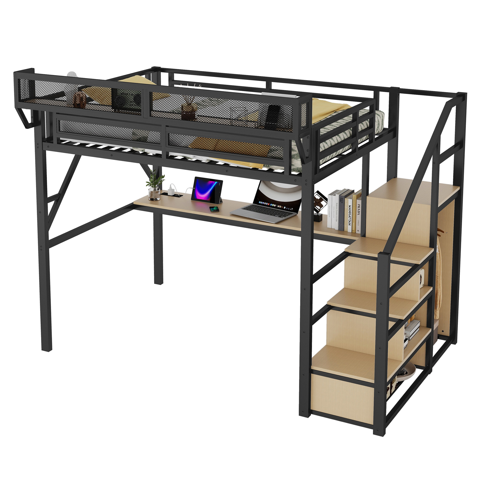 Full Loft Bed With Desk, Charging Station, Stairs And Light 14 Full Loft Bed With Desk, Charging Station, Stairs And Light