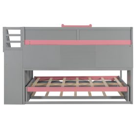 Full Over Full Bunk Bed With Twin Size Trundle, Staircase, Shelves and LED