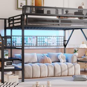 Metal Queen Size Loft Bed With Stairs, Light And Storage