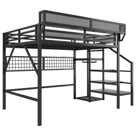 Metal Queen Size Loft Bed With Stairs, Light And Storage