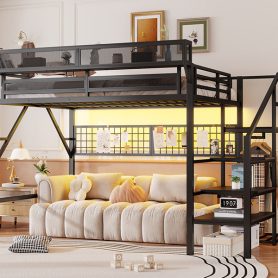 Metal Queen Size Loft Bed With Stairs, Light And Storage