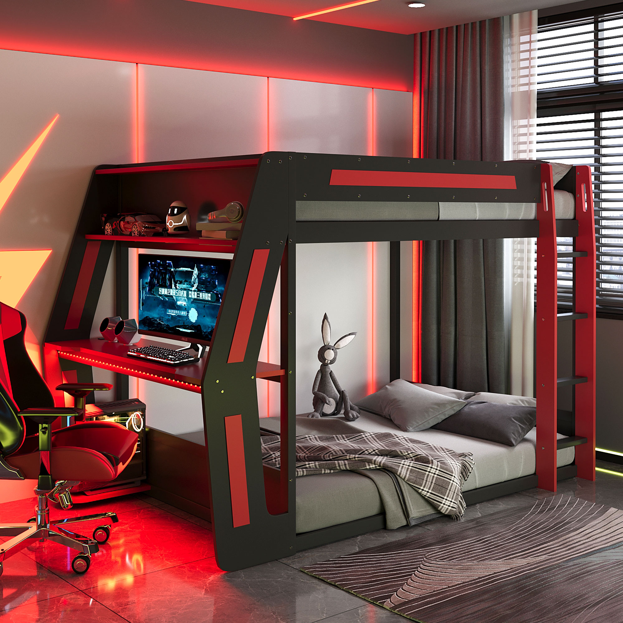 Full-Size Gaming Bunk Bed with Oversized RGB Desk, USB Charging Ports & Cable Grommet, LED Light Strip