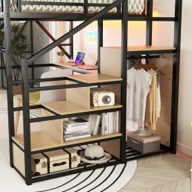 Queen Size Metal Loft Bed with Desk, Charging Station, Stairs and Light 25 Queen Size Metal Loft Bed with Desk, Charging Station, Stairs and Light