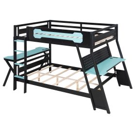 Full Size Bunk Bed with Two Built-In Gaming Desks, USB Desktop Ports & Pegboard Organizer