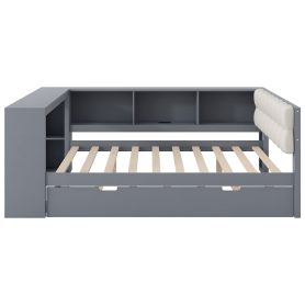 Wood Full Size Platform Bed with Storage Shelves, Trundle, Charging Station and Upholstered Headboard