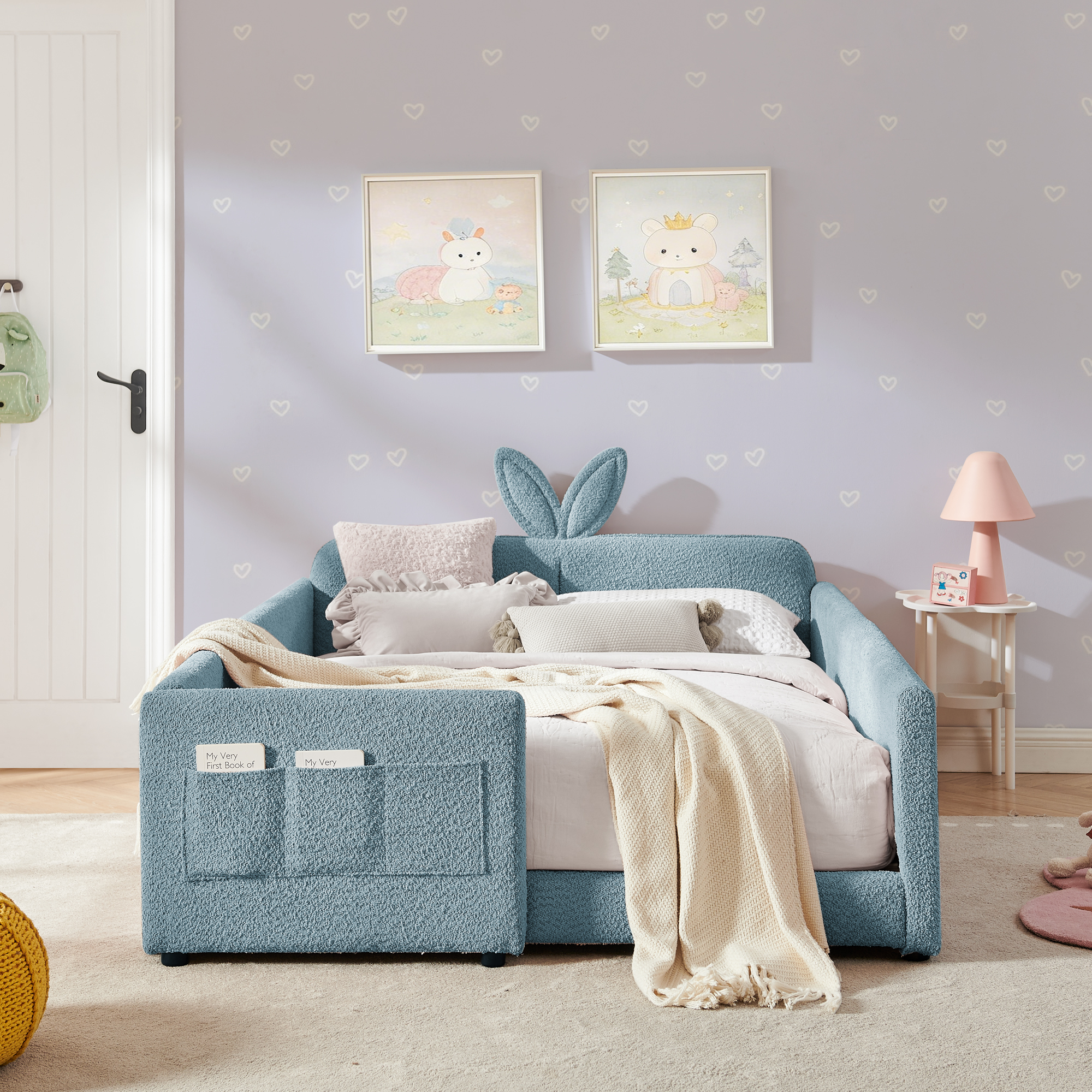 Full Size Upholstered Platform Bed with Cute Rabbit Ear Shaped Headboard