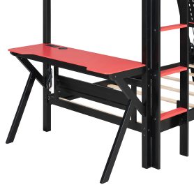 Twin Size Bunk Bed with Two Built-In Gaming Desks, USB Desktop Ports & Pegboard Organizer