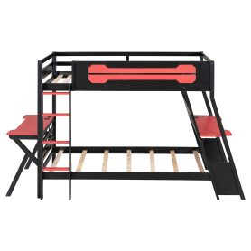 Twin Size Bunk Bed with Two Built-In Gaming Desks, USB Desktop Ports & Pegboard Organizer