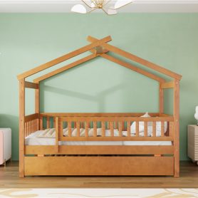 Wooden Twin Size House Bed With Twin Size Trundle