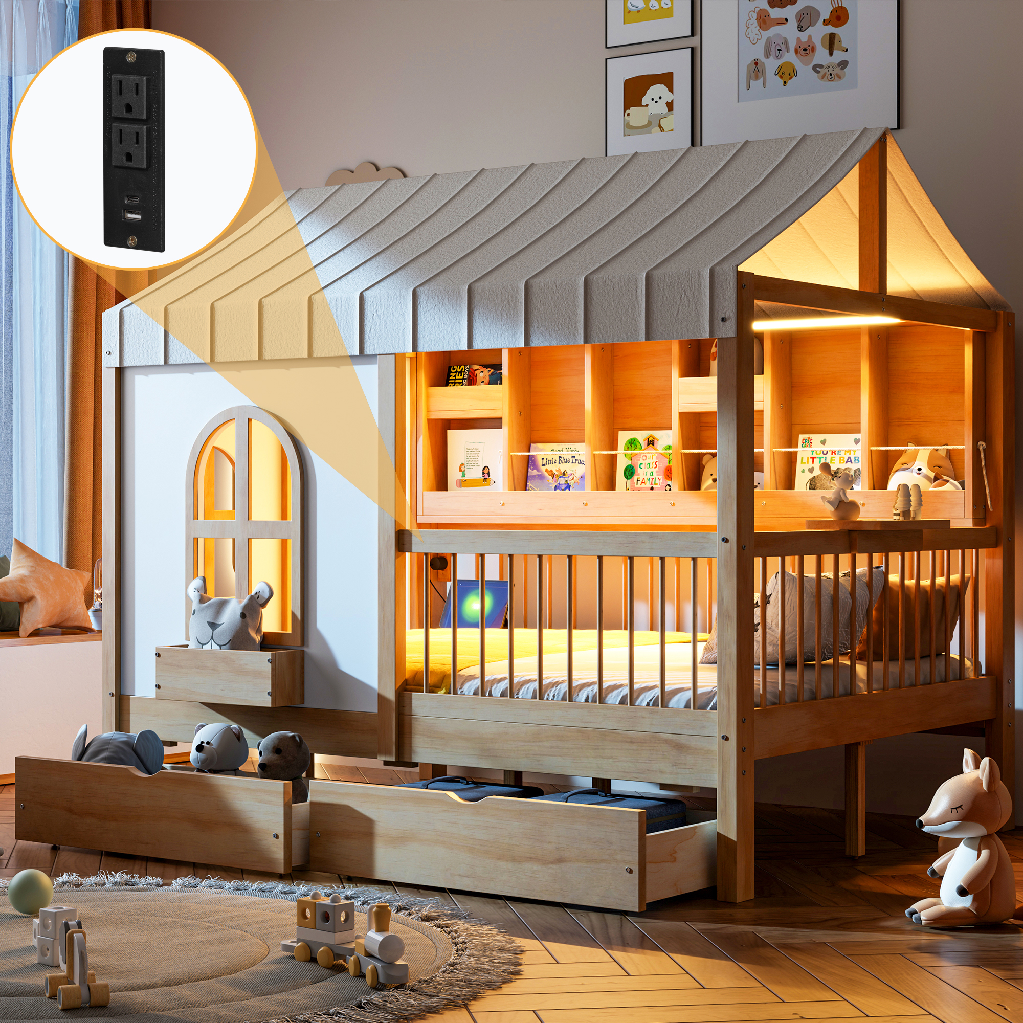 Assembly Instruction For LP000378AAN 5 Full Size House Bed with 2 Large Drawers, Side Bookshelf with LED Strip