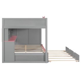 Full Over Full Bunk Bed With Twin Size Trundle, Staircase, Shelves and LED