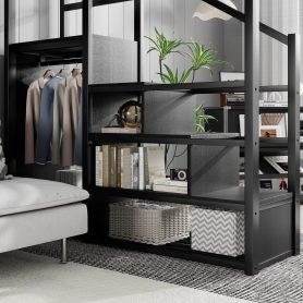 Metal Full Size Loft Bed With Stairs, Storage Shelves and Wardrobe