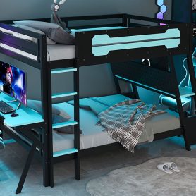 Full Size Bunk Bed with Two Built-In Gaming Desks, USB Desktop Ports & Pegboard Organizer