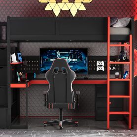 Twin Size Wooden Gaming Loft Bed with Storage Stairs, Desk, Shelves & Pegboard 46 Twin Size Wooden Gaming Loft Bed with Storage Stairs, Desk, Shelves & Pegboard