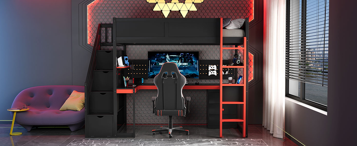 Twin Size Wooden Gaming Loft Bed with Storage Stairs, Desk, Shelves & Pegboard 23 Twin Size Wooden Gaming Loft Bed with Storage Stairs, Desk, Shelves & Pegboard