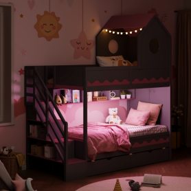 Twin Over Twin Bunk Bed With House Roof, Drawer, Staircase and LED