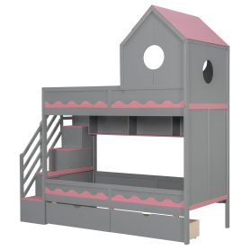 Twin Over Twin Bunk Bed With House Roof, Drawer, Staircase and LED