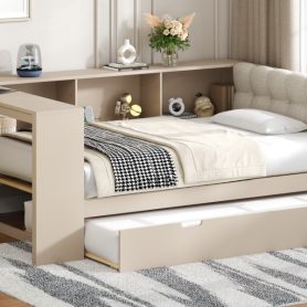 Wood Twin Size Platform Bed With Storage Shelves, Trundle, Charging Station And Upholstered Headboard