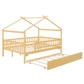 Full Size Wooden House Bed with Twin Size Trundle