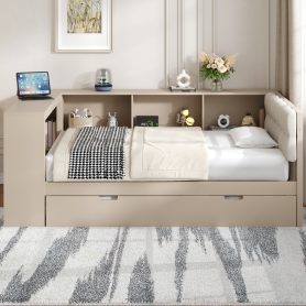 Wood Twin Size Platform Bed With Storage Shelves, Trundle, Charging Station And Upholstered Headboard