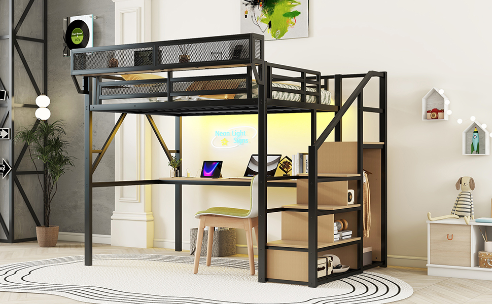 Full Loft Bed With Desk, Charging Station, Stairs And Light 18 Full Loft Bed With Desk, Charging Station, Stairs And Light