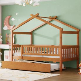 Wooden Twin Size House Bed With Twin Size Trundle