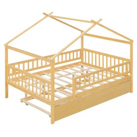 Full Size Wooden House Bed with Twin Size Trundle