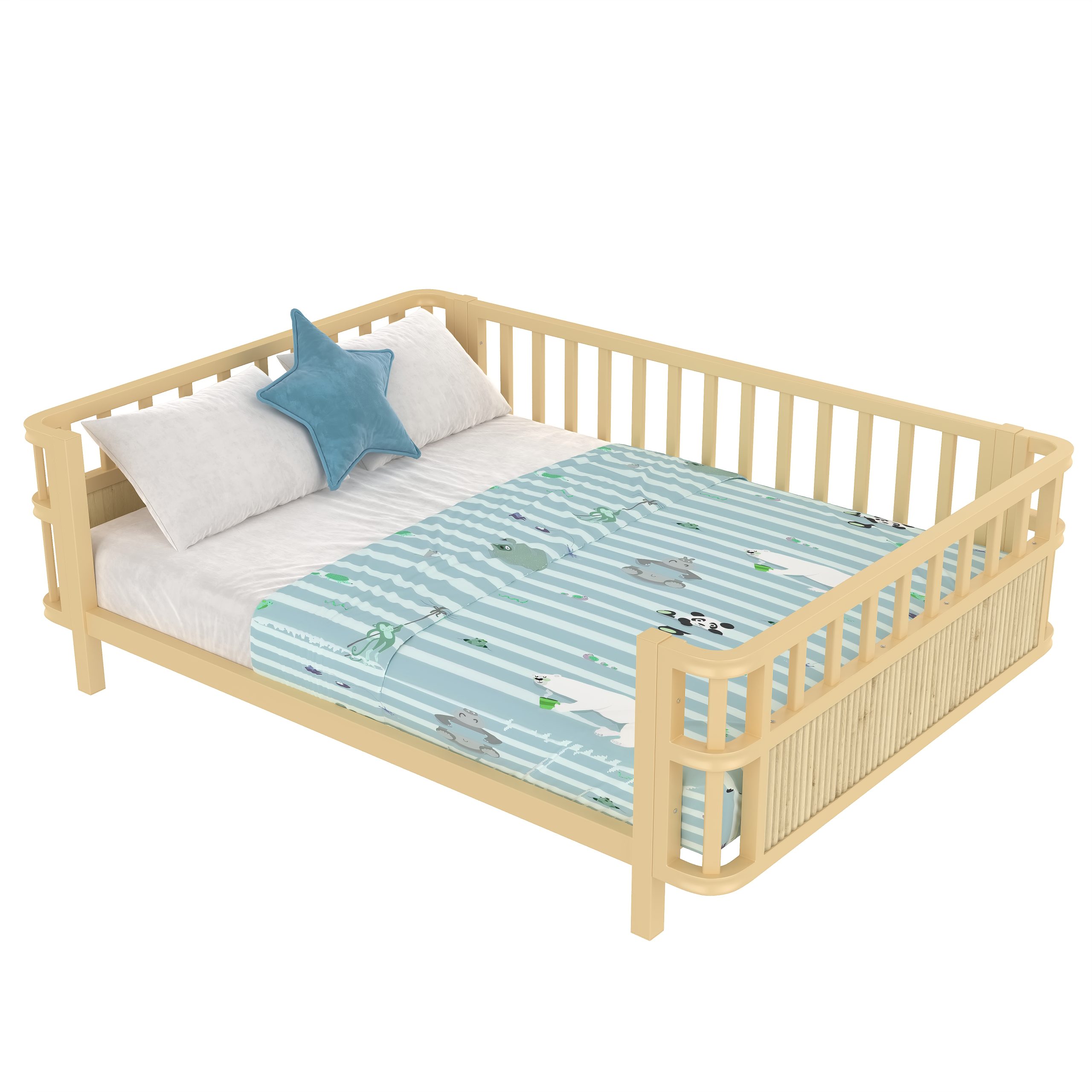Children's Double Wooden Platform Bed With Railings 7 Children's Double Wooden Platform Bed With Railings