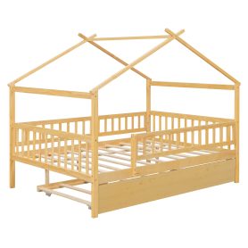 Full Size Wooden House Bed with Twin Size Trundle