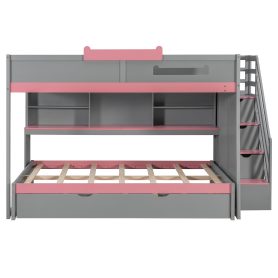 Full Over Full Bunk Bed With Twin Size Trundle, Staircase, Shelves and LED