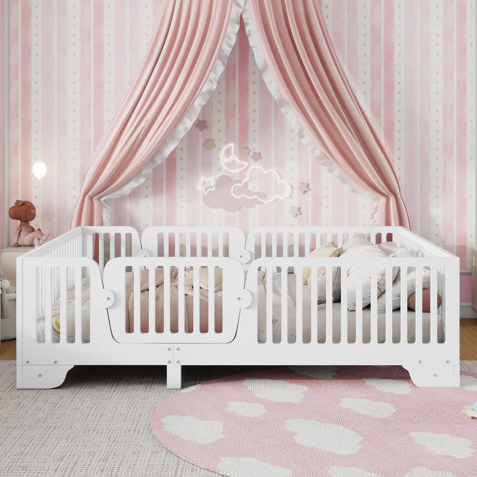 Full Floor Bed with Slats and Fence 4 Full Floor Bed with Slats and Fence