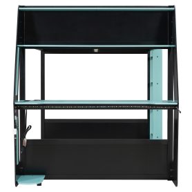 Full-Size Gaming Bunk Bed with Oversized RGB Desk, USB Charging Ports & Cable Grommet, LED Light Strip