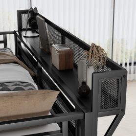 Metal Full Size Loft Bed With Stairs, Storage Shelves and Wardrobe