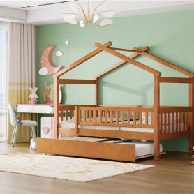 Wooden Twin Size House Bed With Twin Size Trundle
