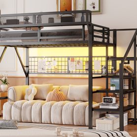 Metal Full Size Loft Bed With Stairs, Light And Storage