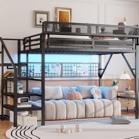 Metal Queen Size Loft Bed With Stairs, Light And Storage
