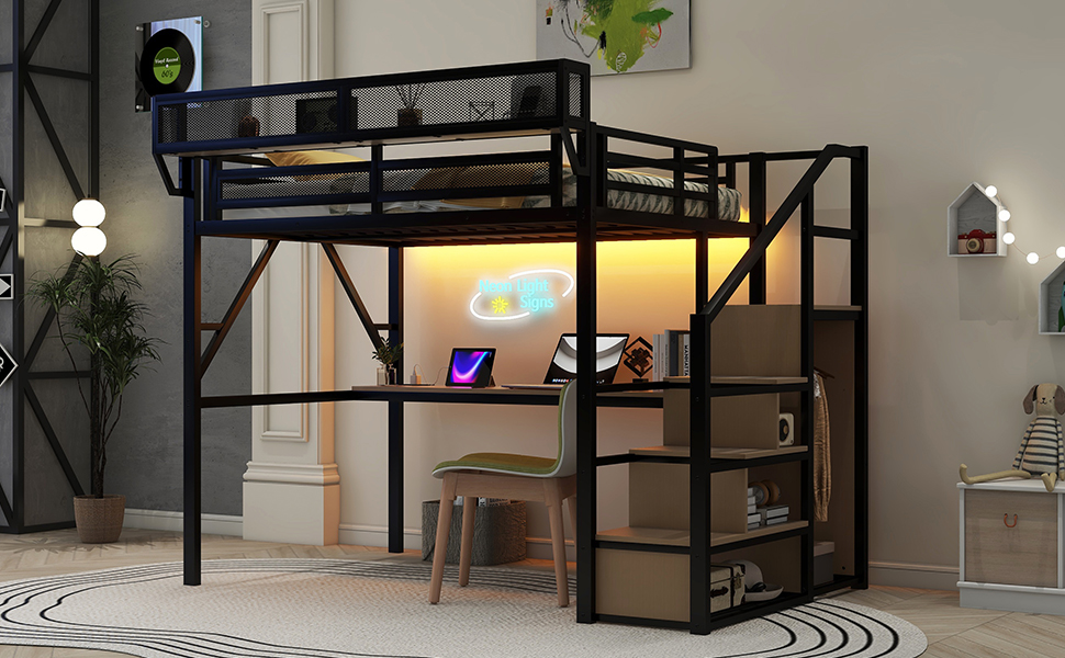 Full Loft Bed With Desk, Charging Station, Stairs And Light 17 Full Loft Bed With Desk, Charging Station, Stairs And Light