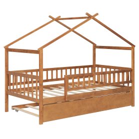Wooden Twin Size House Bed With Twin Size Trundle