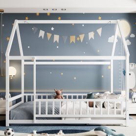 Wooden Full Size Floor Bed With House Roof and Fence Guardrails