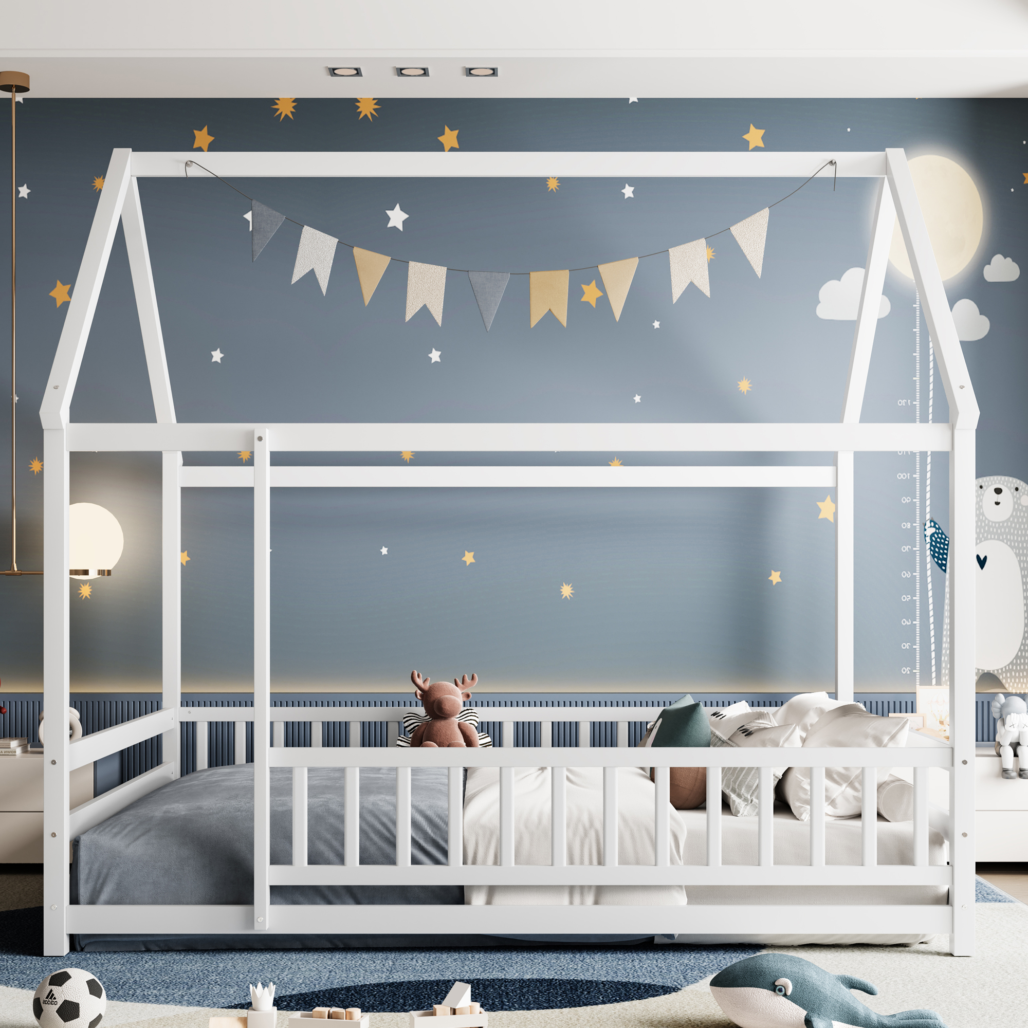 Wooden Full Size Floor Bed With House Roof and Fence Guardrails 3 Wooden Full Size Floor Bed With House Roof and Fence Guardrails