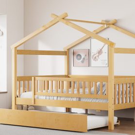 Full Size Wooden House Bed with Twin Size Trundle