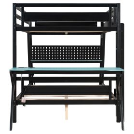 Full Size Bunk Bed with Two Built-In Gaming Desks, USB Desktop Ports & Pegboard Organizer