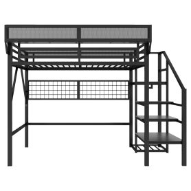 Metal Full Size Loft Bed With Stairs, Light And Storage