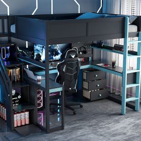 Full Size Wooden Gaming Loft Bed with Storage Stairs, Desk, Shelves & Pegboard