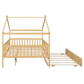 Full Size Wooden House Bed with Twin Size Trundle