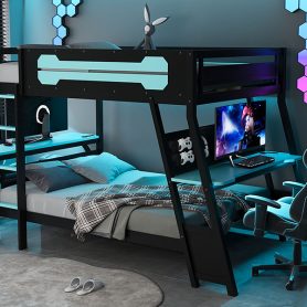 Full Size Bunk Bed with Two Built-In Gaming Desks, USB Desktop Ports & Pegboard Organizer