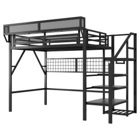 Metal Full Size Loft Bed With Stairs, Light And Storage