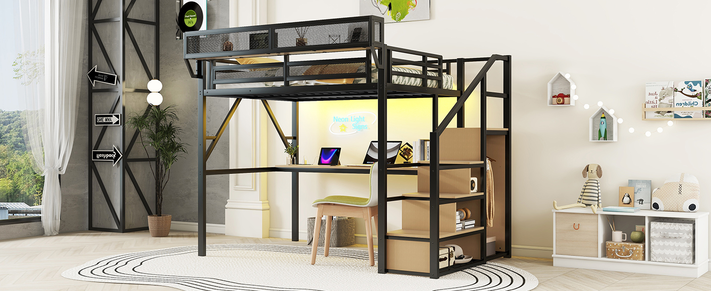 Full Loft Bed With Desk, Charging Station, Stairs And Light 20 Full Loft Bed With Desk, Charging Station, Stairs And Light