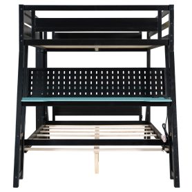 Full Size Bunk Bed with Two Built-In Gaming Desks, USB Desktop Ports & Pegboard Organizer