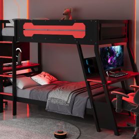 Twin Size Bunk Bed with Two Built-In Gaming Desks, USB Desktop Ports & Pegboard Organizer